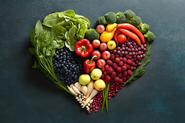 Heart shape made of fresh vegetables on dark background. Healthy food concept. top view