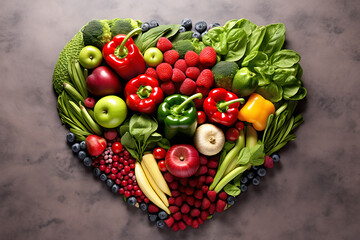 Heart shape made of fresh vegetables. Healthy food concept. top view. vitamin and healthy food. set of fruits and vegetables