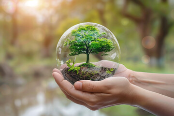A pair of hands holding a transparent globe, inside which a mighty tree grows from a small patch of soil