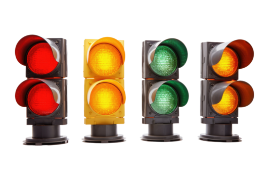 The Illuminated Assembly: A Pulsating Dance of Traffic Lights. On White or PNG Transparent Background.
