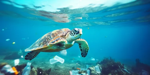 Fotobehang Sea turtle swimming in ocean, Plastic pollution in ocean, Turtles eat plastic bags mistaking them for jellyfish Environmental Problem, World Ocean Day, and World Environment Day concept. © chiew