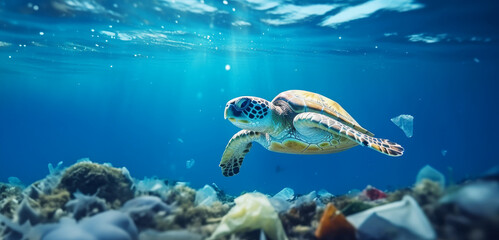 Fototapeta premium Sea turtle swimming in ocean, Plastic pollution in ocean, Turtles eat plastic bags mistaking them for jellyfish Environmental Problem, World Ocean Day, and World Environment Day concept.