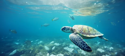 Muurstickers Sea turtle swimming in ocean, Plastic pollution in ocean, Turtles eat plastic bags mistaking them for jellyfish Environmental Problem, World Ocean Day, and World Environment Day concept. © chiew