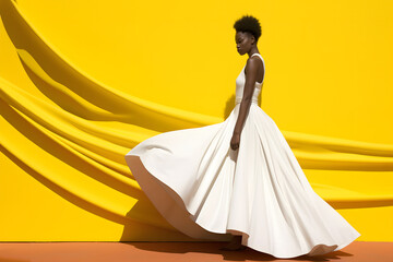 Fototapeta na wymiar fashionable beautiful African woman in a white dress on a yellow background. fashion, style and beauty