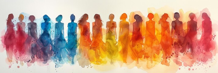 Group of women for International Women's Day, watercolor style drawing , watercolor illustration  - obrazy, fototapety, plakaty