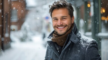Young man wearing winter clothes walking in the street. Young bearded guy with modern hairstyle in urban background.