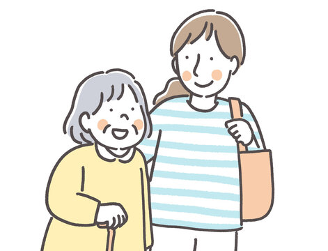 おばあさんに寄り添う女性　