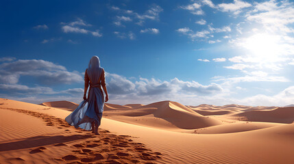 lonely woman in a blue dress walks along the sands of the desert dunes towards the sun. human life path concept
