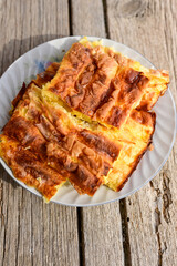 Bakery .Home made  cheese pie  with phyllo pastry, feta cheese  and organic eggs. Bulgarian banitsa