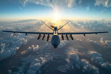 A military unmanned aerial vehicle UAV patrols flying over the clouds - obrazy, fototapety, plakaty
