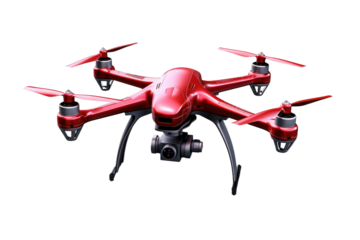 Crimson Quadcopter Dancing in the Skies. On White or PNG Transparent Background.