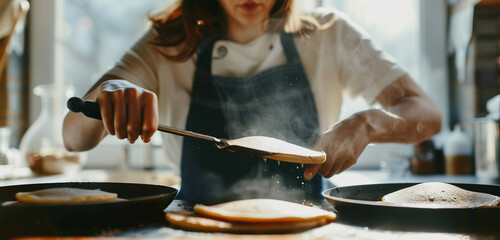 In a candid moment, a female chef is shown skillfully frying pancakes in front of the camera - obrazy, fototapety, plakaty