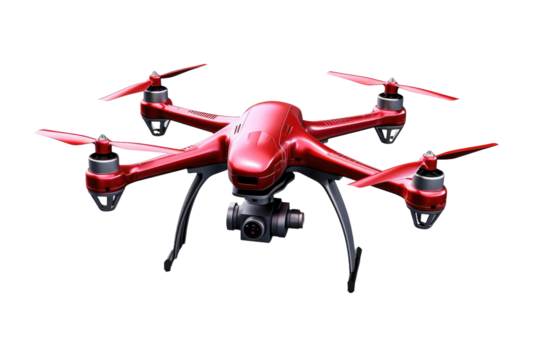 Crimson Quadcopter Dancing in the Skies. On White or PNG Transparent Background.