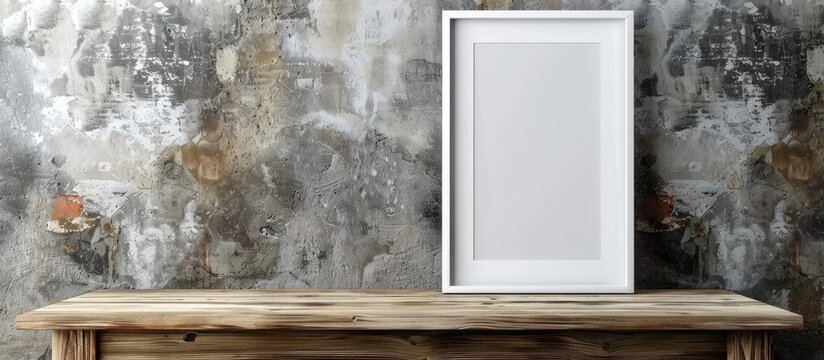 An empty white frame sits on a wooden table with a grunge concrete wall in the background, providing a mock-up space for your design.