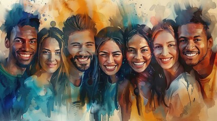 Diverse Group of Smiling People in Artistic Watercolor Illustration