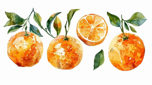Hand drawn watercolor mandarin set, delicious citrus fruits isolated on white background Food illustration, watercolor illustration 