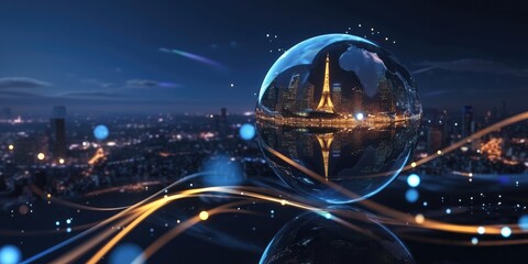 Futuristic Holographic Cityscape Inside Glass Sphere in Space