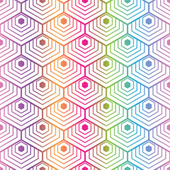 Vector seamless geometric hand drawn pattern with rainbow striped hexagons on white
