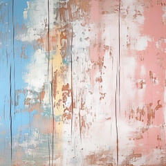 A detailed closeup of an old, painted wooden wall with peeling paint in soft pastel colors like pink and blue
