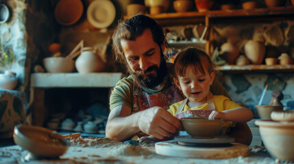 Middle aged man teaches a girl how to use a pottery wheel craft work concept design - obrazy, fototapety, plakaty