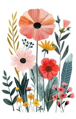 illustration of flowers in pink and peach tones. daisies, gerberas, petunias, green leaves and abstract shapes