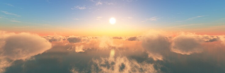 Beautiful sunset among the clouds over the sea, 3D rendering