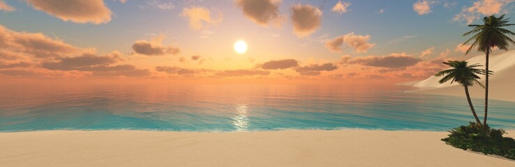Beautiful beach with palm trees at sunset, panorama of a tropical landscape, sea sunset,
3d rendering - 767629715