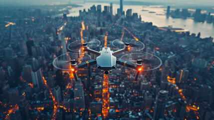 Military unmanned aerial vehicle UAV patrolling the area above the city - obrazy, fototapety, plakaty