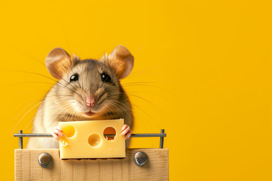 petite souris mangeant le morceau de gruy&egrave;re ou d'emmental trouv&eacute; sur le pi&egrave;ge &agrave; souris, face &agrave; l'objectif et sur le pi&egrave;ge. Fond jaune moutarde espace n&eacute;gatif copy space