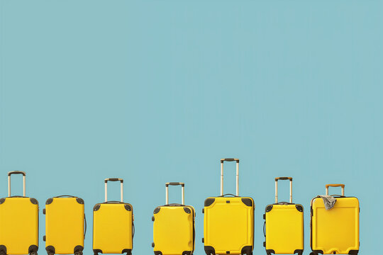 valises jaune à roulettes type trolley, rangées en ligne sur un fond bleu avec espace négatif copy space. Un vêtement sur une valise. Départ en vacances, voyager, réservation, agence de voyage
