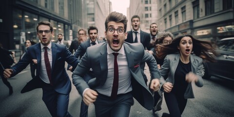 high powered speed scene, businessmen and businesswomen showcase an explosion of emotion and dynamic energy as they run. Generative AI. - obrazy, fototapety, plakaty