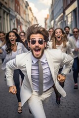 Obraz premium high powered speed scene, businessmen and businesswomen showcase an explosion of emotion and dynamic energy as they run. Generative AI.