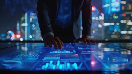 Businessman Analyzing Digital Charts on Screen, A businessman interacts with futuristic holographic financial charts against a backdrop of a vibrant cityscape at night