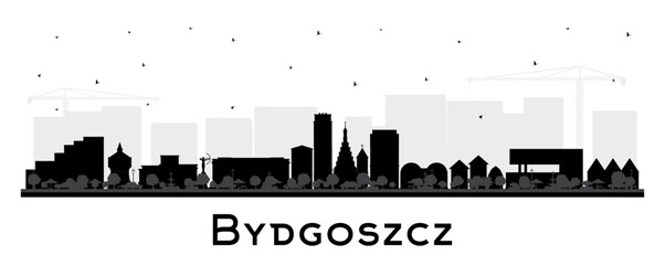 Bydgoszcz Poland city skyline silhouette with black buildings isolated on white. Bydgoszcz cityscape with landmarks. Business and tourism concept with historic architecture.