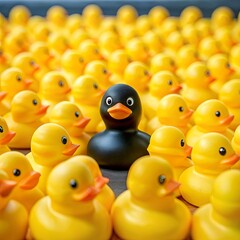 The stock photo shows a black rubber duck surrounded by a row of yellow rubber ducks.