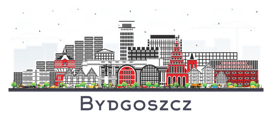 Bydgoszcz Poland city skyline with color buildings isolated on white. Bydgoszcz cityscape with landmarks. Business and tourism concept with modern and historic architecture..