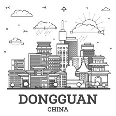 Outline Dongguan China City Skyline with Historic and Modern Buildings Isolated on White. Dongguan Cityscape with Landmarks.