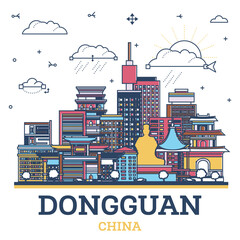 Outline Dongguan China City Skyline with Colored Historic and Modern Buildings Isolated on White. Dongguan Cityscape with Landmarks.