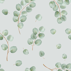 Seamless pattern featuring delicate watercolor eucalyptus branches on a light green backdrop. for wallpaper, fabric design, stationery, packaging. adding a touch of natural beauty and serenity