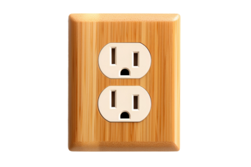 Elegant Wooden Outlet Cover With Dual Electrical Outlets. On White or PNG Transparent Background.
