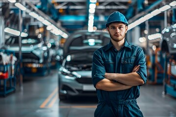 A worker in a car manufacturing plant showcasing efficiency safety protocols adaptability and training in a panoramic banner. Concept Efficiency in Manufacturing, Safety Protocols