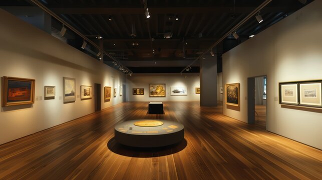 Modern art gallery with dim lighting featuring a diverse collection of paintings and a central informational display Highlights the ambiance and cultural value