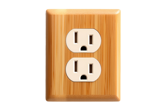 Elegant Wooden Outlet Cover With Dual Electrical Outlets. On White or PNG Transparent Background.