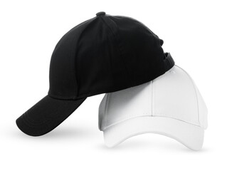 Black and White Baseball Caps Positioned Side by Side on a Clean White Background