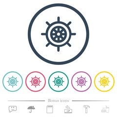 Ship steering wheel solid flat color icons in round outlines