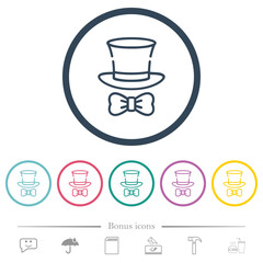 Top hat and bow tie outline flat color icons in round outlines