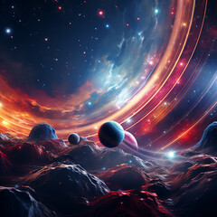Fantasy landscape with planet and moon. Elements of this image furnished by NASA - obrazy, fototapety, plakaty