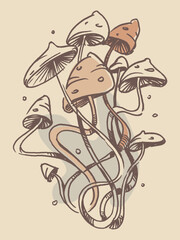 Magic mushroom. Meadow with mushrooms. Nature. Botanical Line drawing