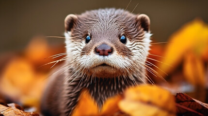 Autumn Whiskers: Curious Otter Amongst Fallen Leaves - Vivid Wildlife Portrait, Essence of Autumn, Close-Up in Nature's Palette