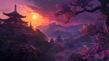 This captivating image showcases a serene sunset over traditional Japanese pagodas, surrounded by cherry blossoms and mountain ranges amidst drifting clouds